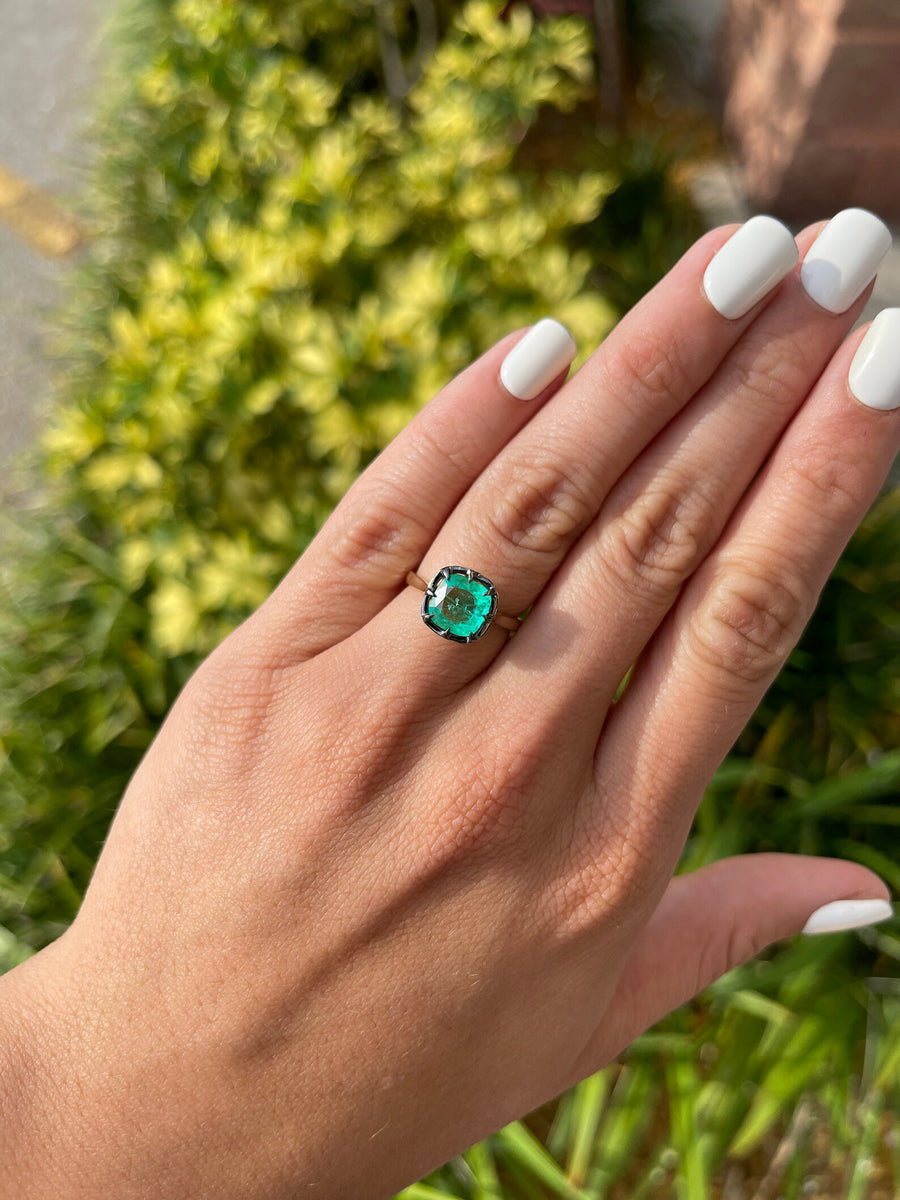 1800s Vintage-Inspired 14K Solitaire Ring with 3.0 carat Colombian Emerald