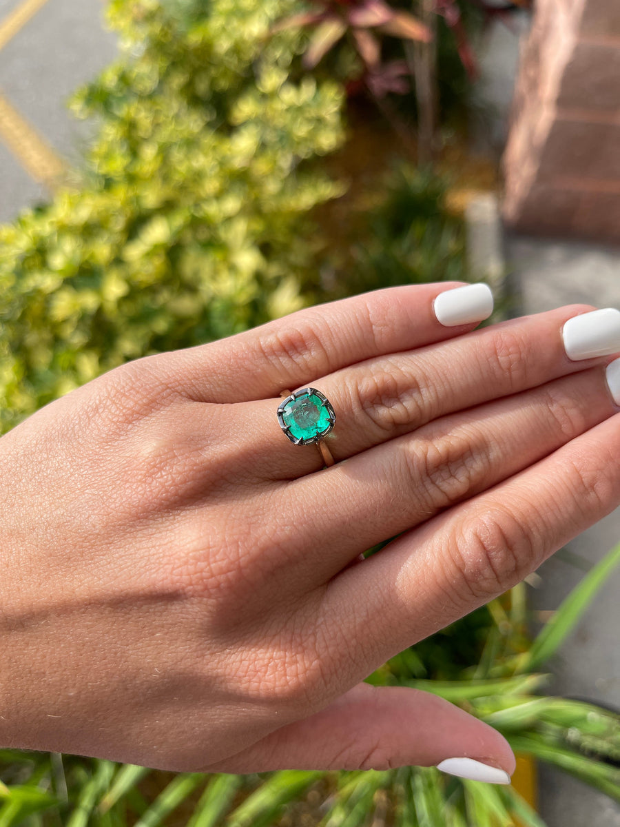 1800s Vintage-Inspired 14K Solitaire Ring with 3.0 carat Colombian Emerald solid gold
