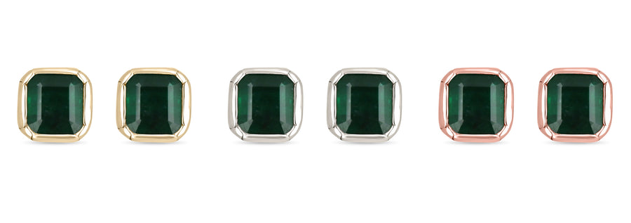 4.46tcw Statement Dark Green Big Bezel Set Square Emerald Gold Earrings 14k GIFT