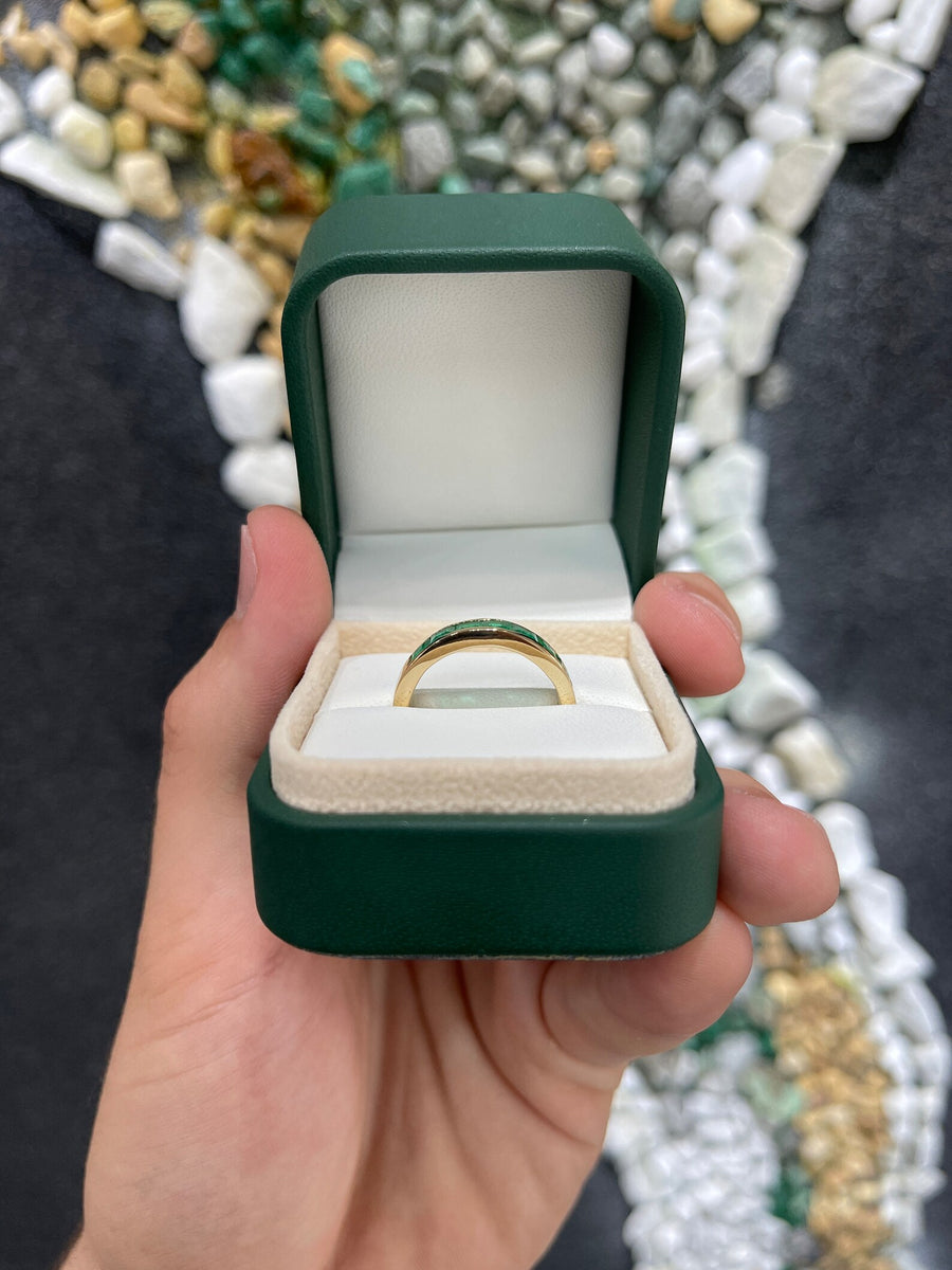 1.40tcw Men's Real Dark Green Natural Emerald Wedding Gold Solid Gold Princess Band Ring Yellow 14K