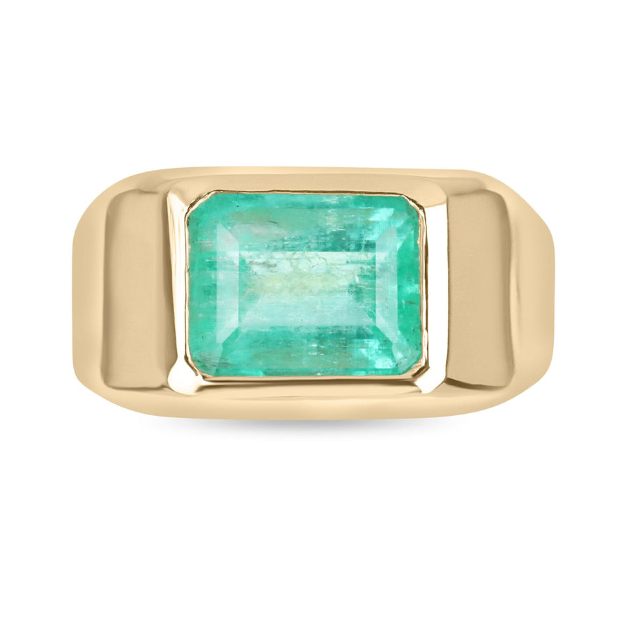 3.68cts Bezel Emerald Cut Colombian Emerald Signet Ring 18K