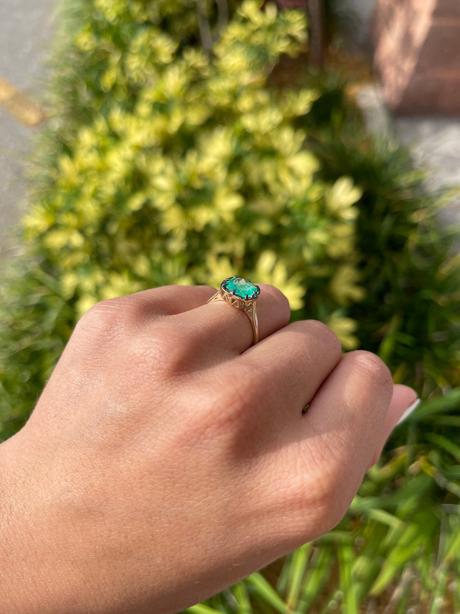 Antique-Inspired 14K Solitaire Multi-Prong Ring with 3.0 carat Green Cushion Colombian Emerald