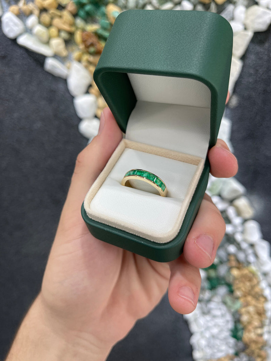 1.40tcw Men's Real Dark Green Natural Emerald Wedding Gold Solid Gold Princess Cut Band Ring 14K