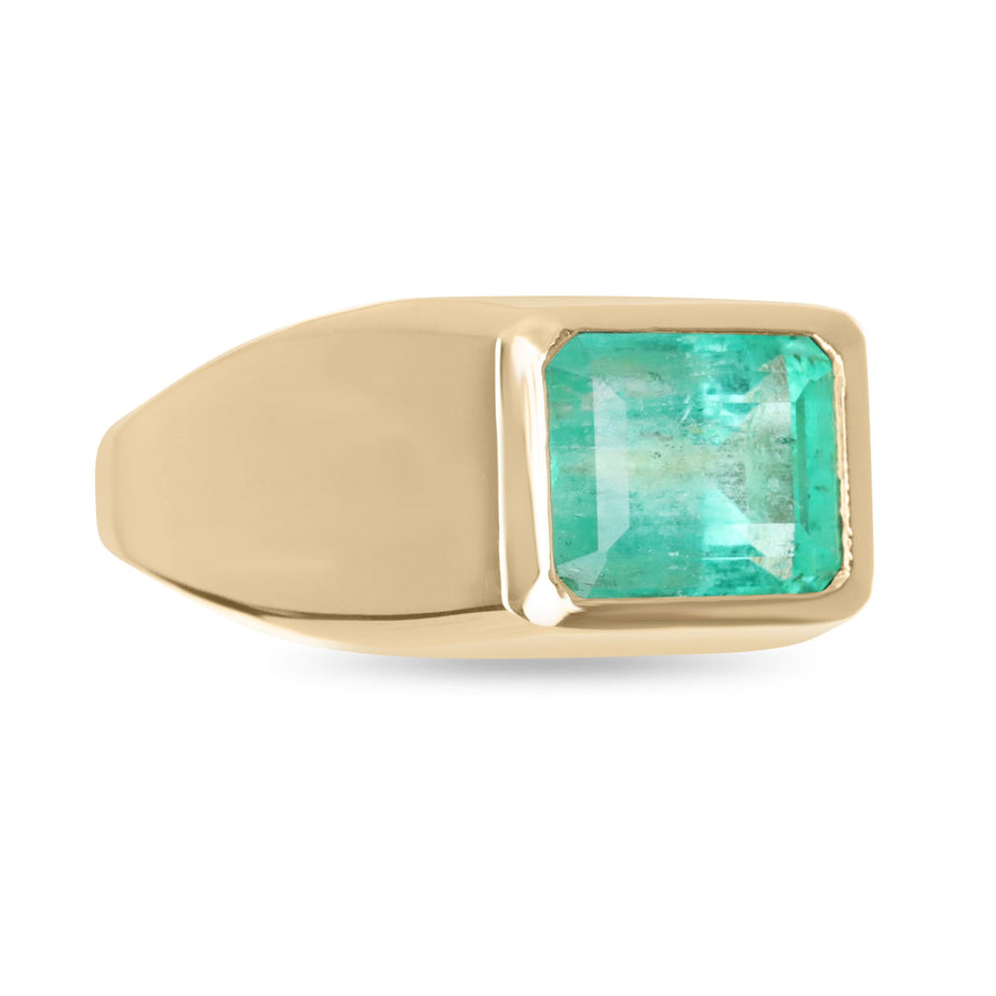 3.68cts Bezel Natural Emerald Cut Colombian Emerald Signet Ring 18K