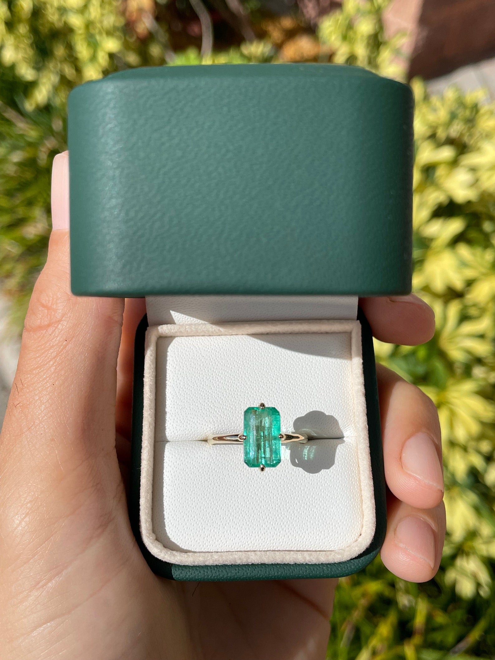 3.10 carat Colombian emerald solitaire engagement ring with compass design in 14K gold from JR Colombian Emeralds