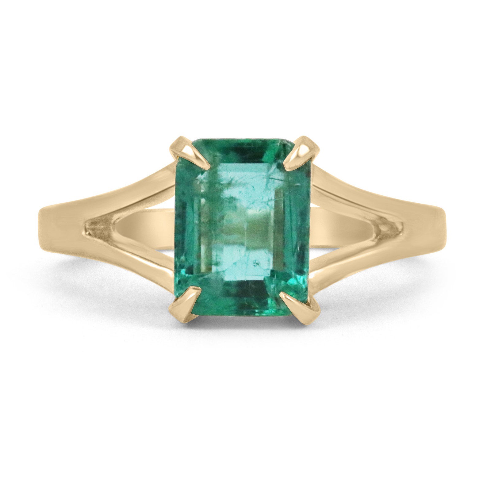 1.36ct 14K Natural Emerald Cut Vivid Green Solitaire Split Shank Gold Ring