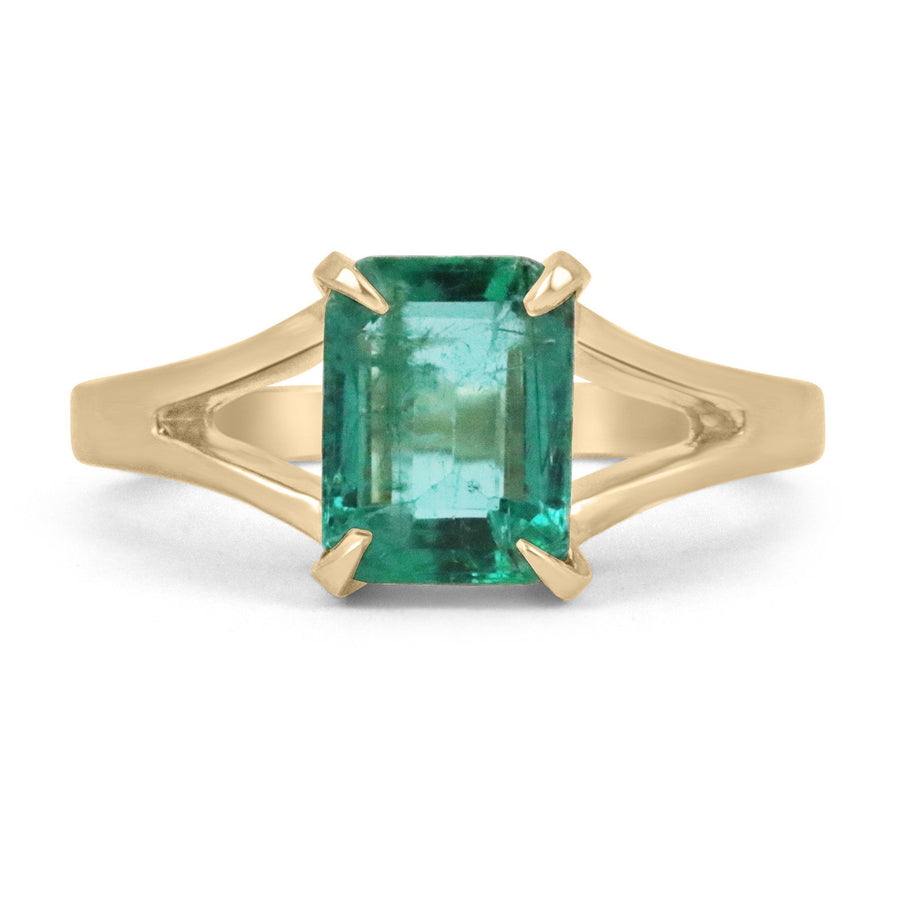 1.36ct 14K Natural Emerald Cut Vivid Green Solitaire Split Shank Gold Ring
