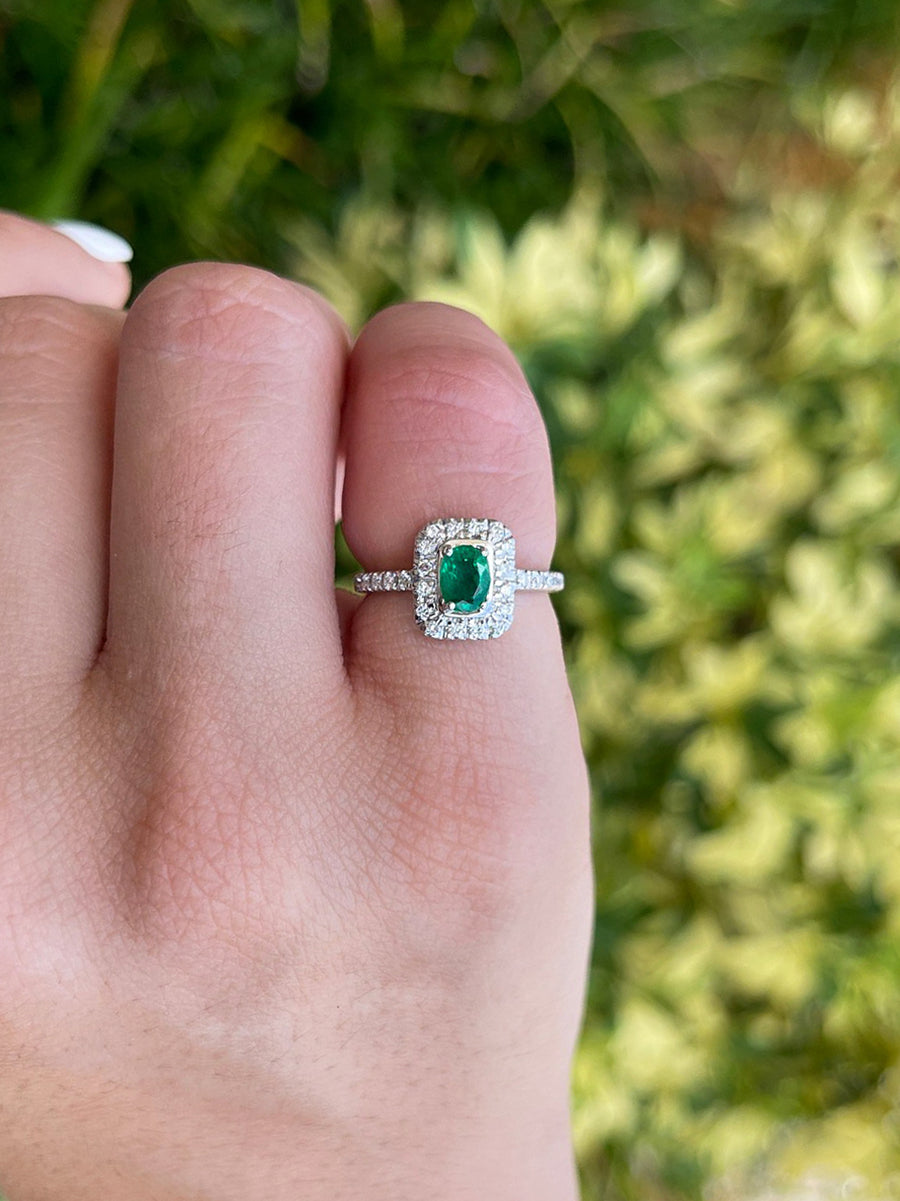 Chic and Sophisticated: Dark Green Emerald Oval Cut & Diamond Halo and Shank 1.05tcw Ring in 18K Gold