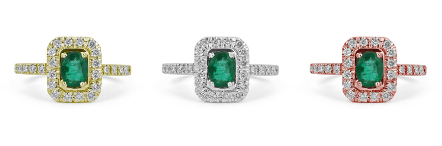 1.05tcw 18K Dark Green Emerald Oval Cut & Diamond Halo and Shank Engagement Ring