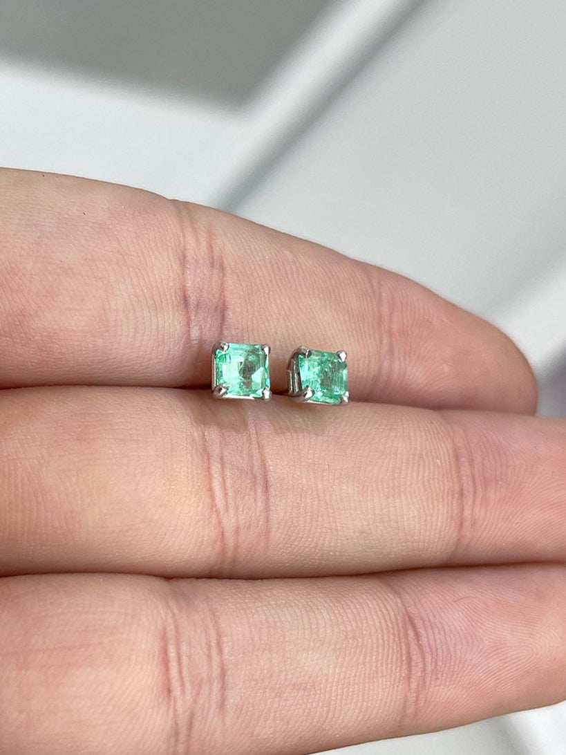 Real Asscher 1.0tcw Medium Bright Real Emerald Classic Stud Earrings 14K Gold 