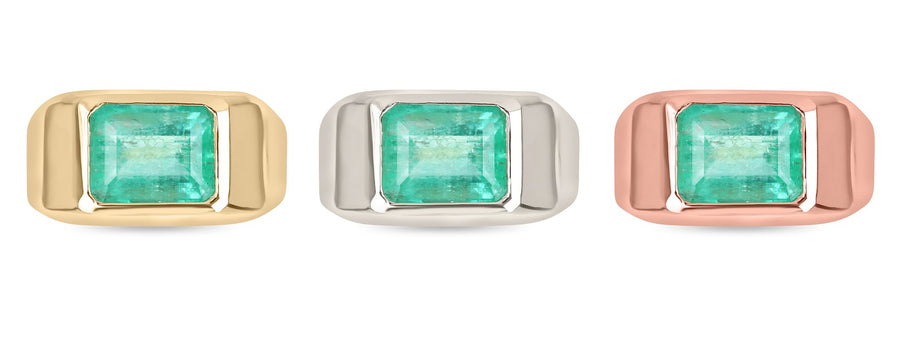 3.68cts Bezel Emerald Cut Colombian Emerald Signet Ring 18K