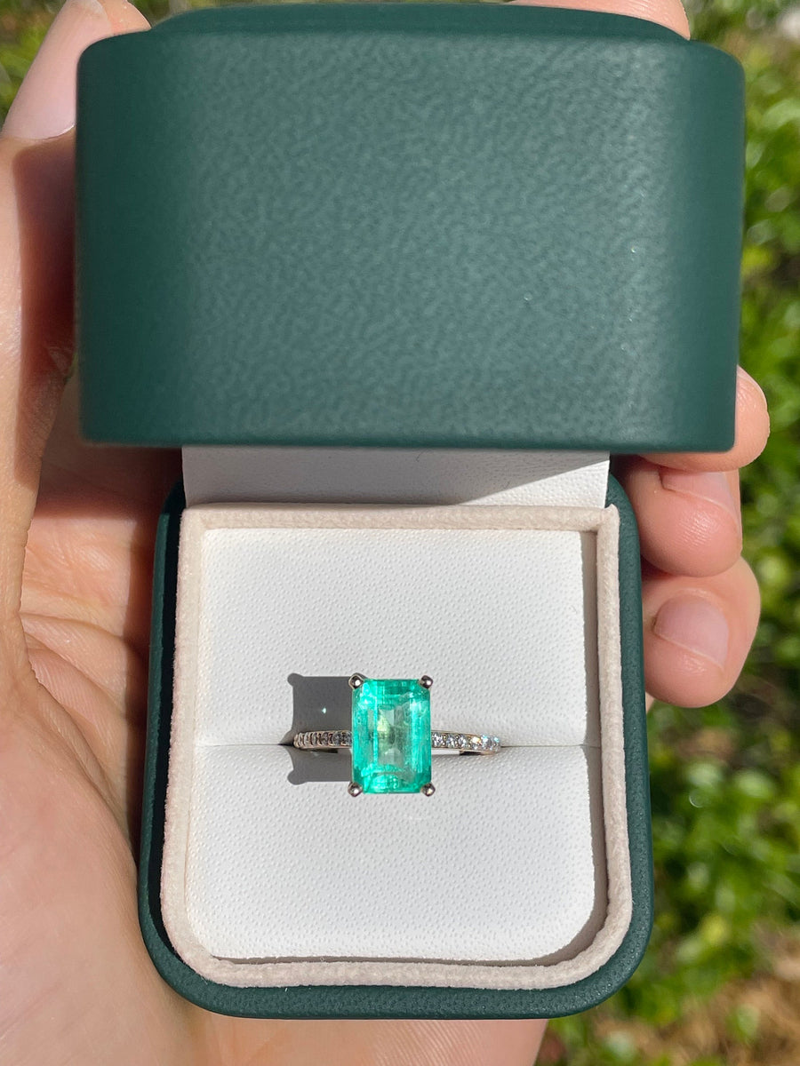 14K Ring with 4.21tcw Emerald Cut Colombian Emerald, Diamonds, and Accents