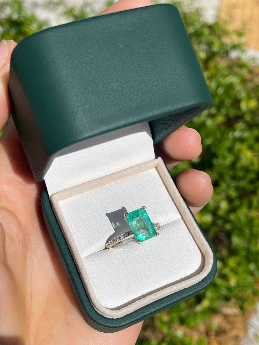 Colombian Emerald & Diamond Solitaire Ring 14K - 4.21tcw Emerald Cut