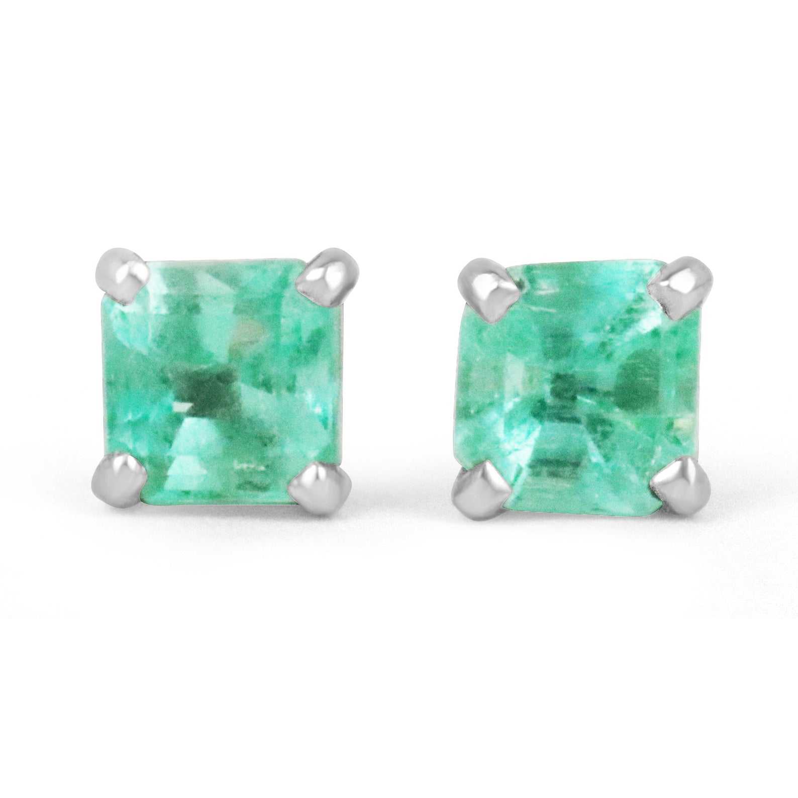 1.0tcw Petite Asscher Medium Bright Real Emerald Stud Earrings 14K