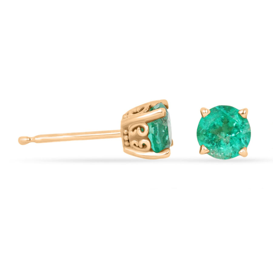 0.90tcw Round Cut Medium Deep Green Emerald Floral Stud Earrings 14K