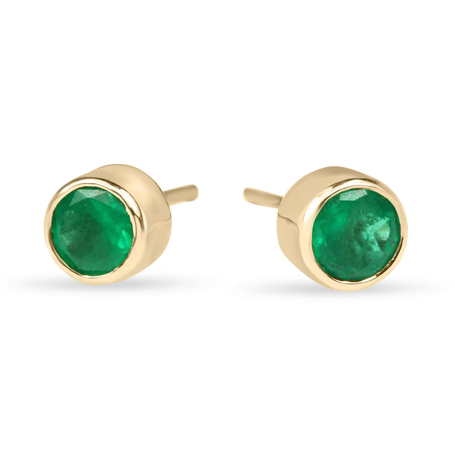 1.22tcw Deep Dark Green Circle Round Emerald Natural Bezel Earrings 18K
