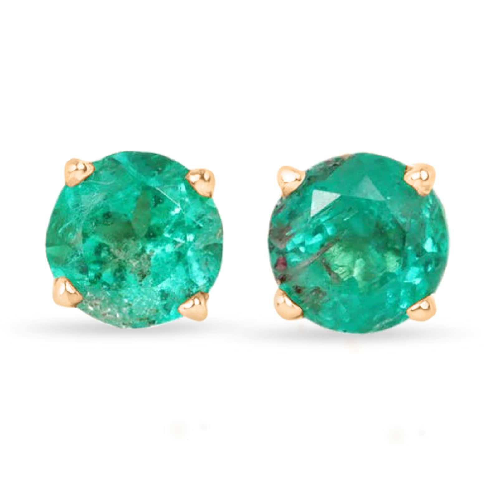 0.90tcw Round Cut Medium Deep Green Emerald Stud Earrings 14K