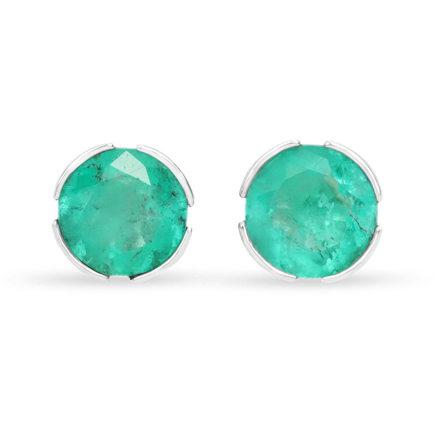 1.40tcw Round Natural Emerald Silver Earrings Semi Bezel Studs