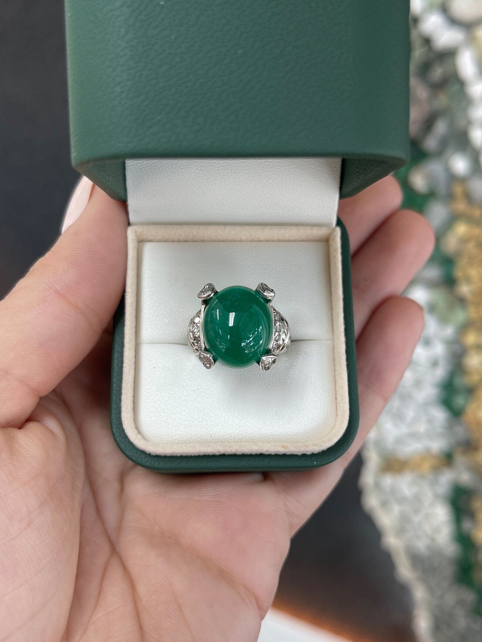 12.71tcw Large Deep Green Cabochon Colombian Emerald & Diamond Accent Statement Ring 14K