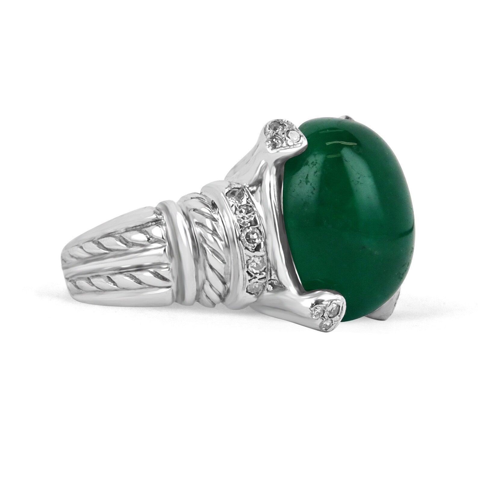 12.71tcw Large Deep Green Cabochon Colombian Emerald & Diamond Accent Statement Ring 14K