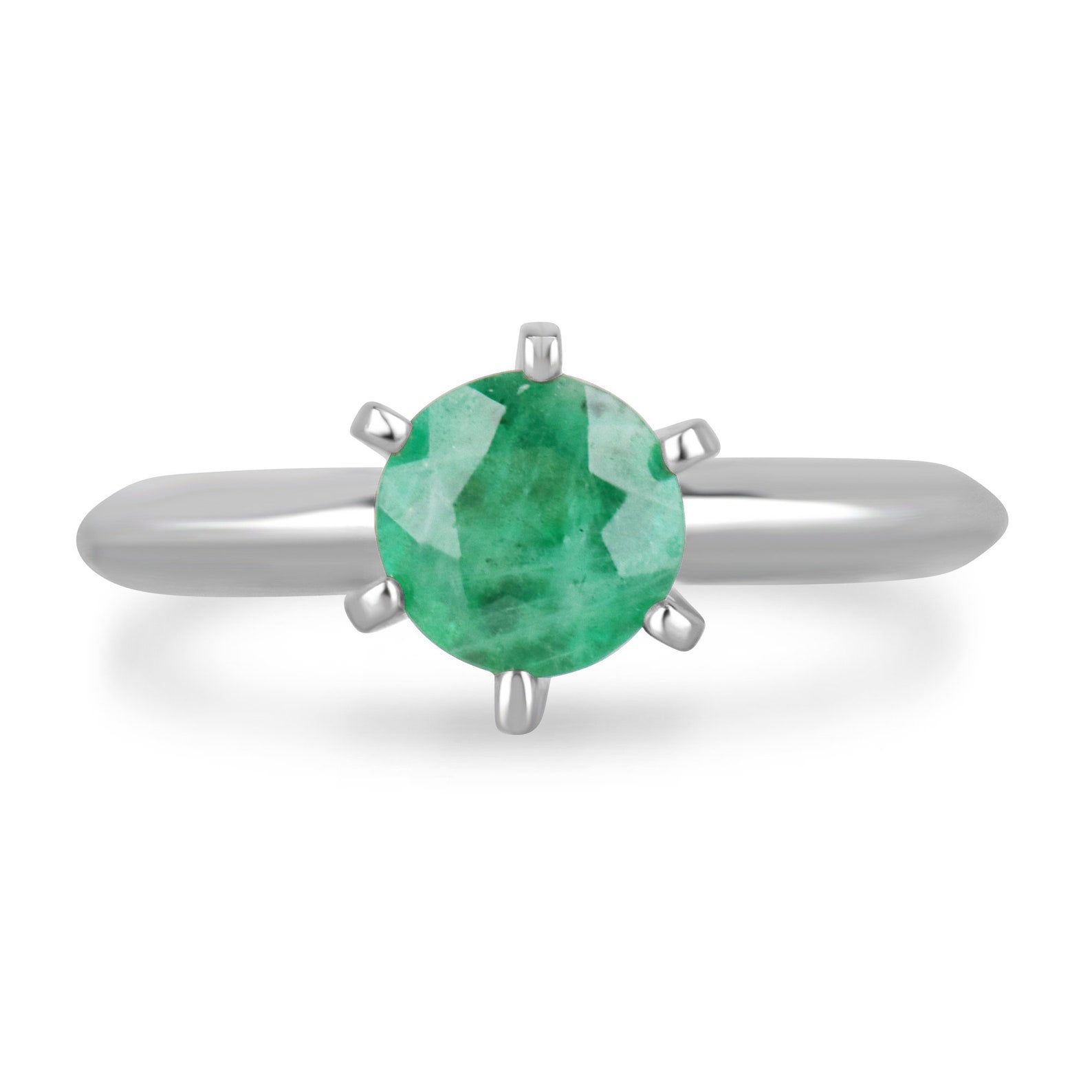 1.0 Carat Medium Dark Green Emerald Round Cut Solitaire 6 Prong Ring 14K