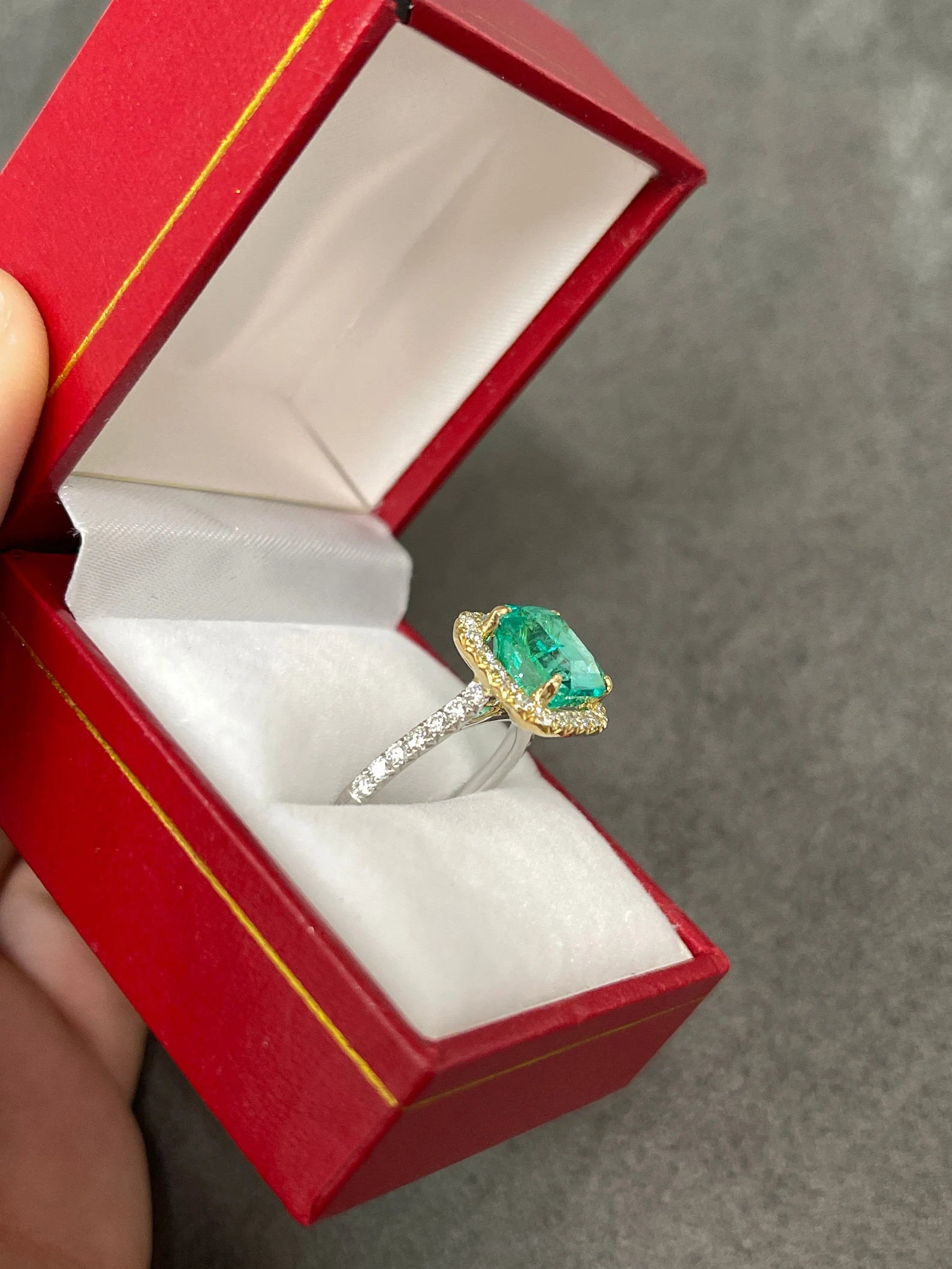 3.59tcw Asscher Cut Colombian Emerald & Diamond Halo Two Toned 18K Ring - JR Colombian Emeralds