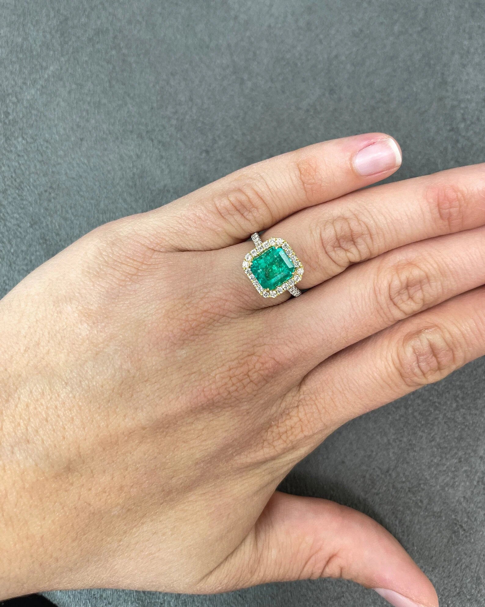 3.59tcw Asscher Cut Colombian Emerald & Diamond Halo Two Toned 18K Ring - JR Colombian Emeralds