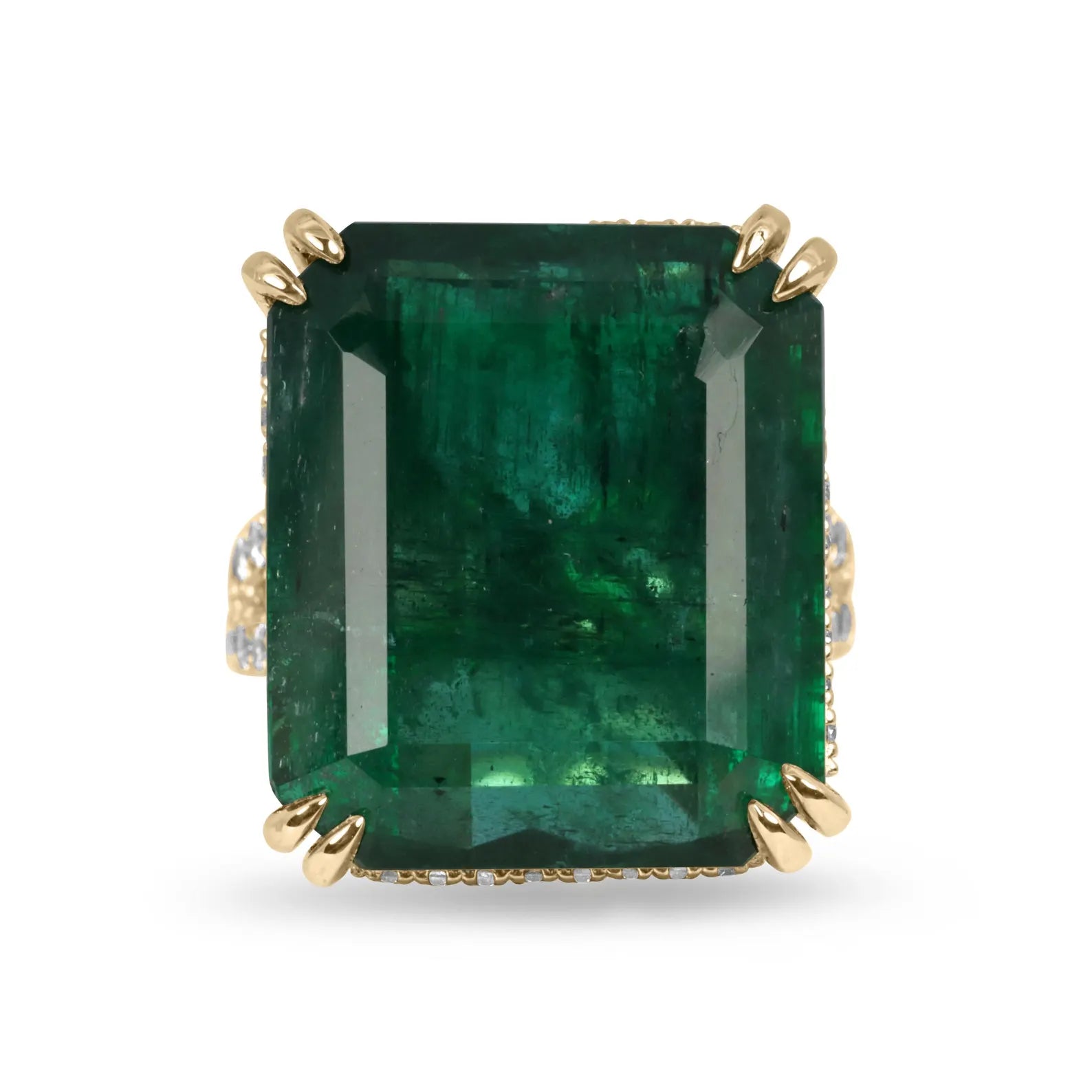 37.28 carat XXL Natural Emerald Solitaire with Diamond Hidden Halo/Split Shank Statement Ring 18K