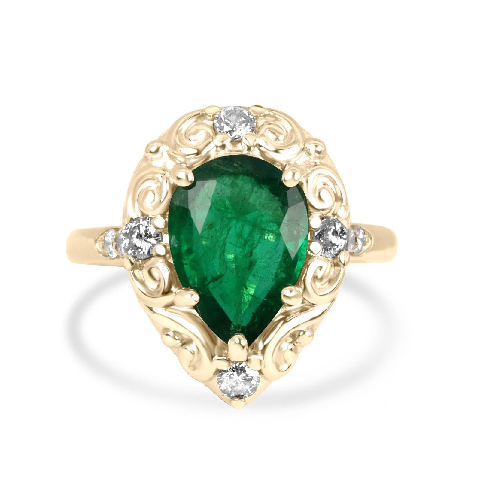 2.66tcw Teardrop Emerald & Diamond Spinkle Scroll Work Vintage Inspired Ring 14K