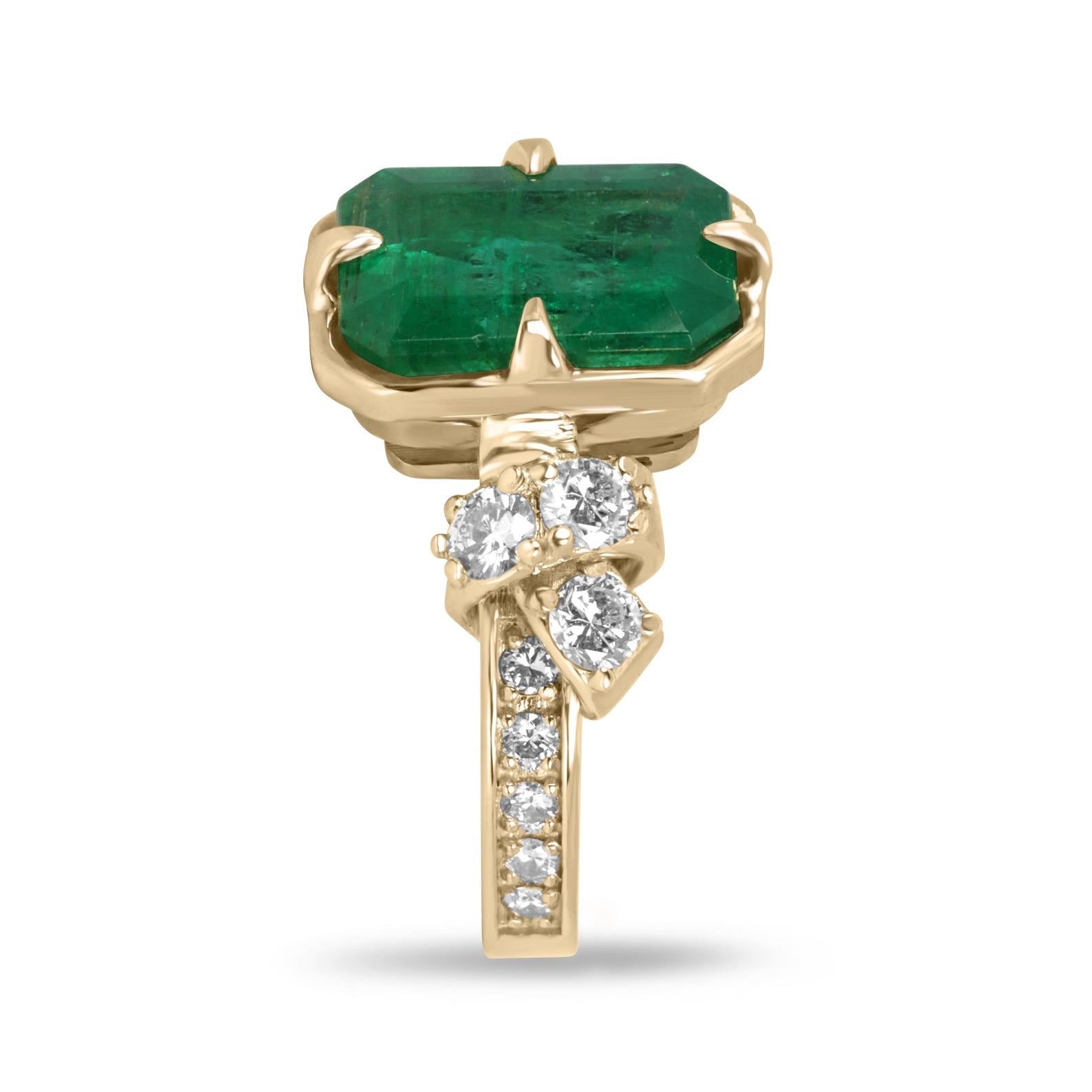 7.67ct 18K Compass Set Emerald Cut Emerald & Diamond Cluster Accent Right Hand Ring