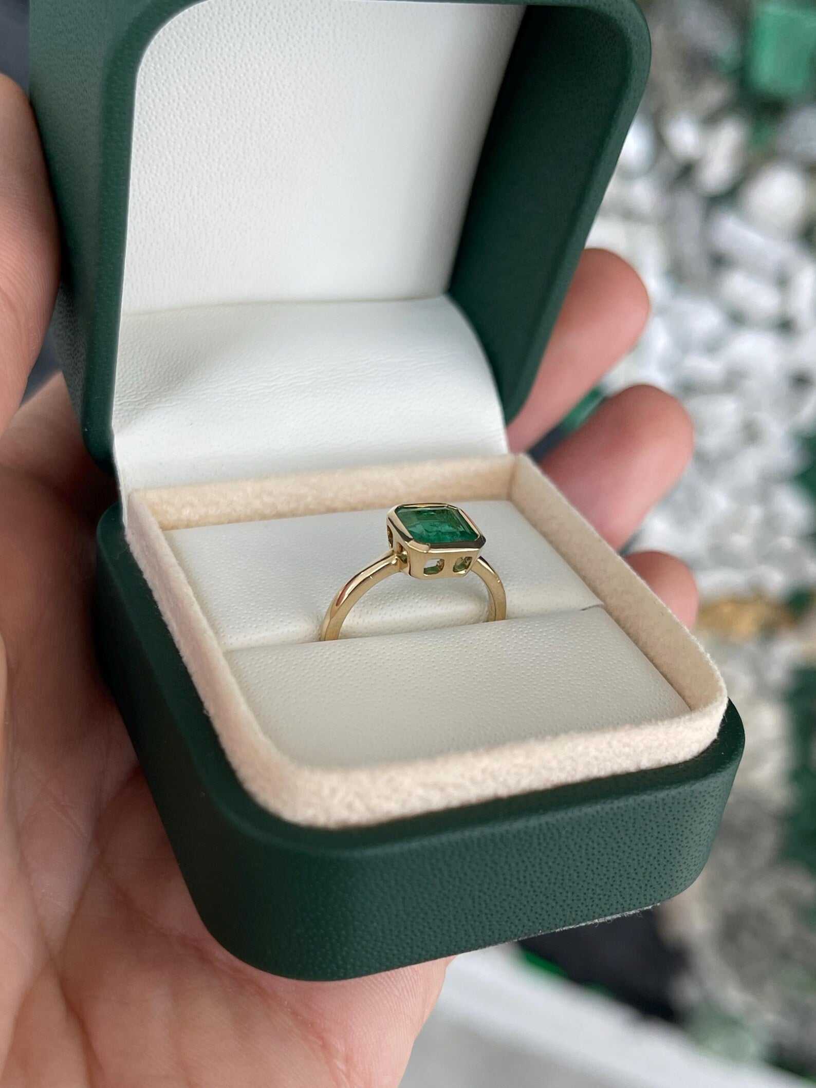1.45ct Medium Green Asscher Cut Emerald Solitaire Bezel Set Gold Ring - JR Colombian Emeralds