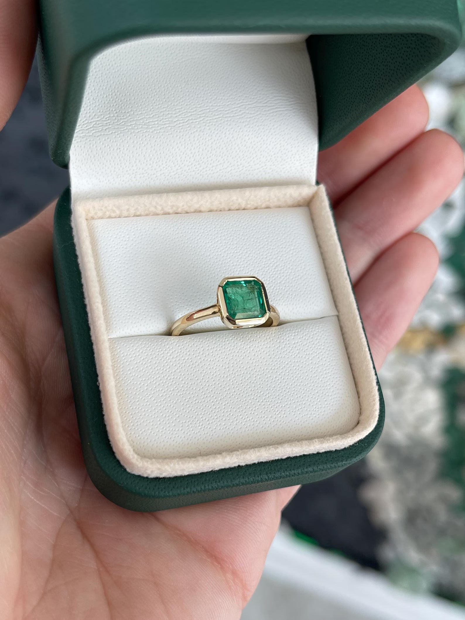 1.45 Carat Medium Green Asscher Cut Emerald Solitaire Bezel Set Ring 14K