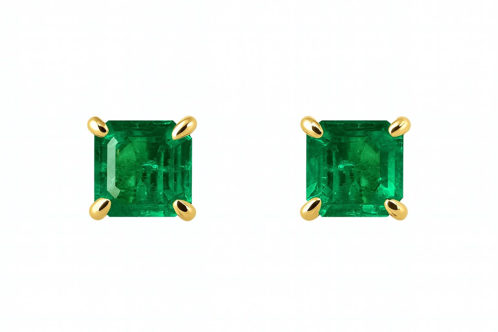Green Asscher cut Colombian emerald stud earrings with four-prong settings by JR Colombian Emeralds, featuring 1.46tcw of vibrant gemstones.
