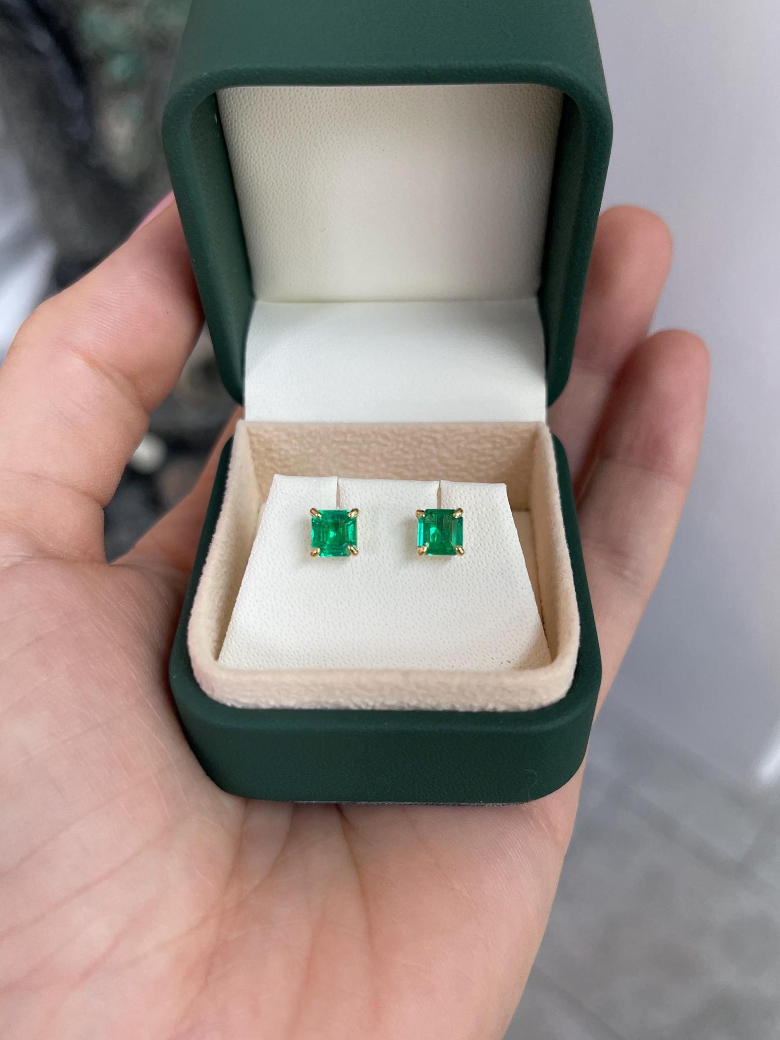 JR Colombian Emeralds 1.46tcw Muzo green asscher cut Colombian emerald stud earrings with four prongs.