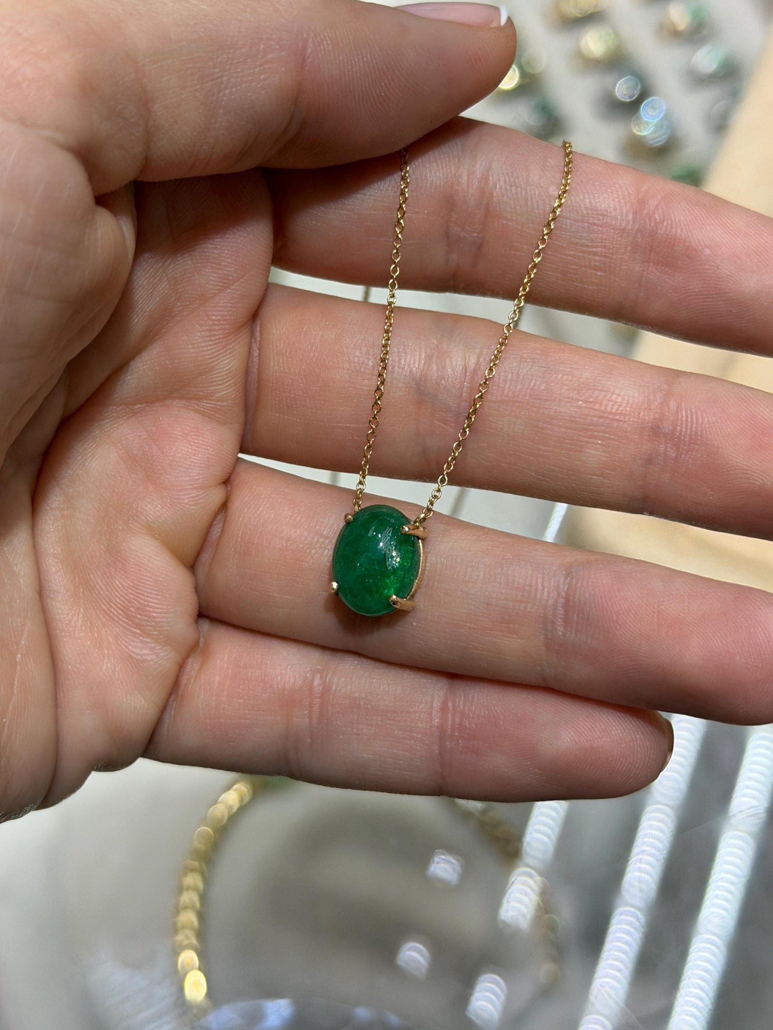 14K gold necklace with 5.50ctw Zambian emerald cabochon pendant on prong station chain by JR Colombian Emeralds.