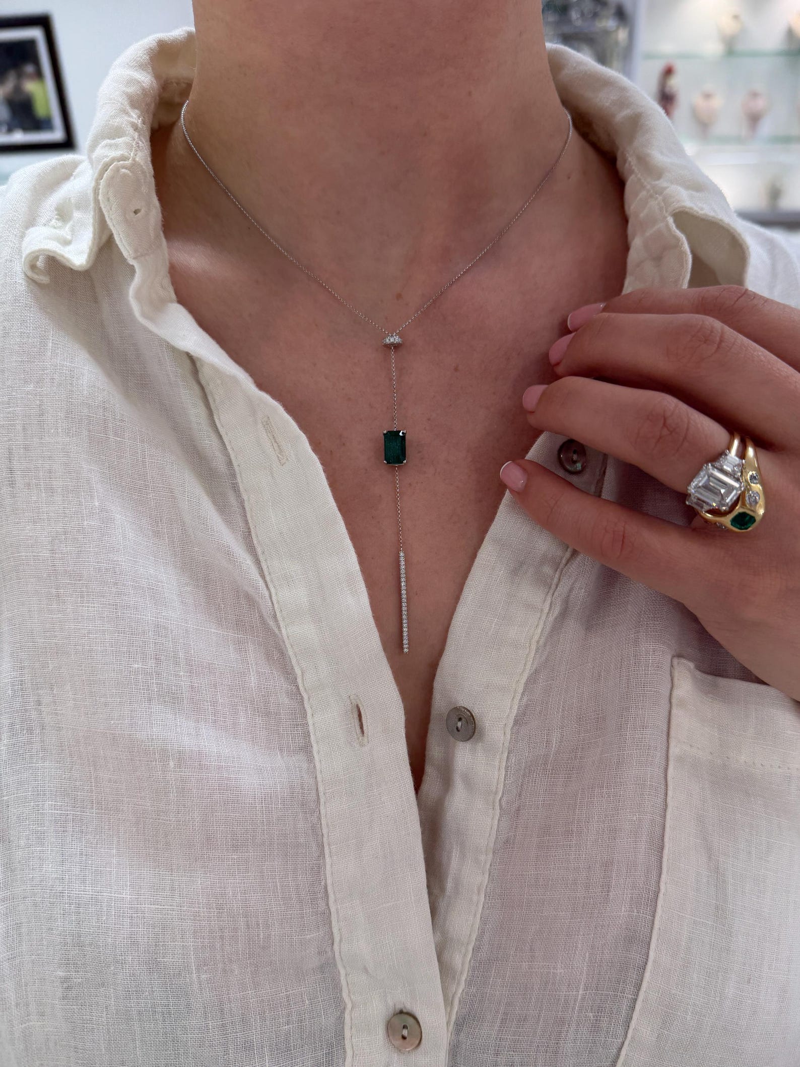 Natural emerald and diamond lariat necklace in 14K white gold with 3.25 total carats, from JR Colombian Emeralds.