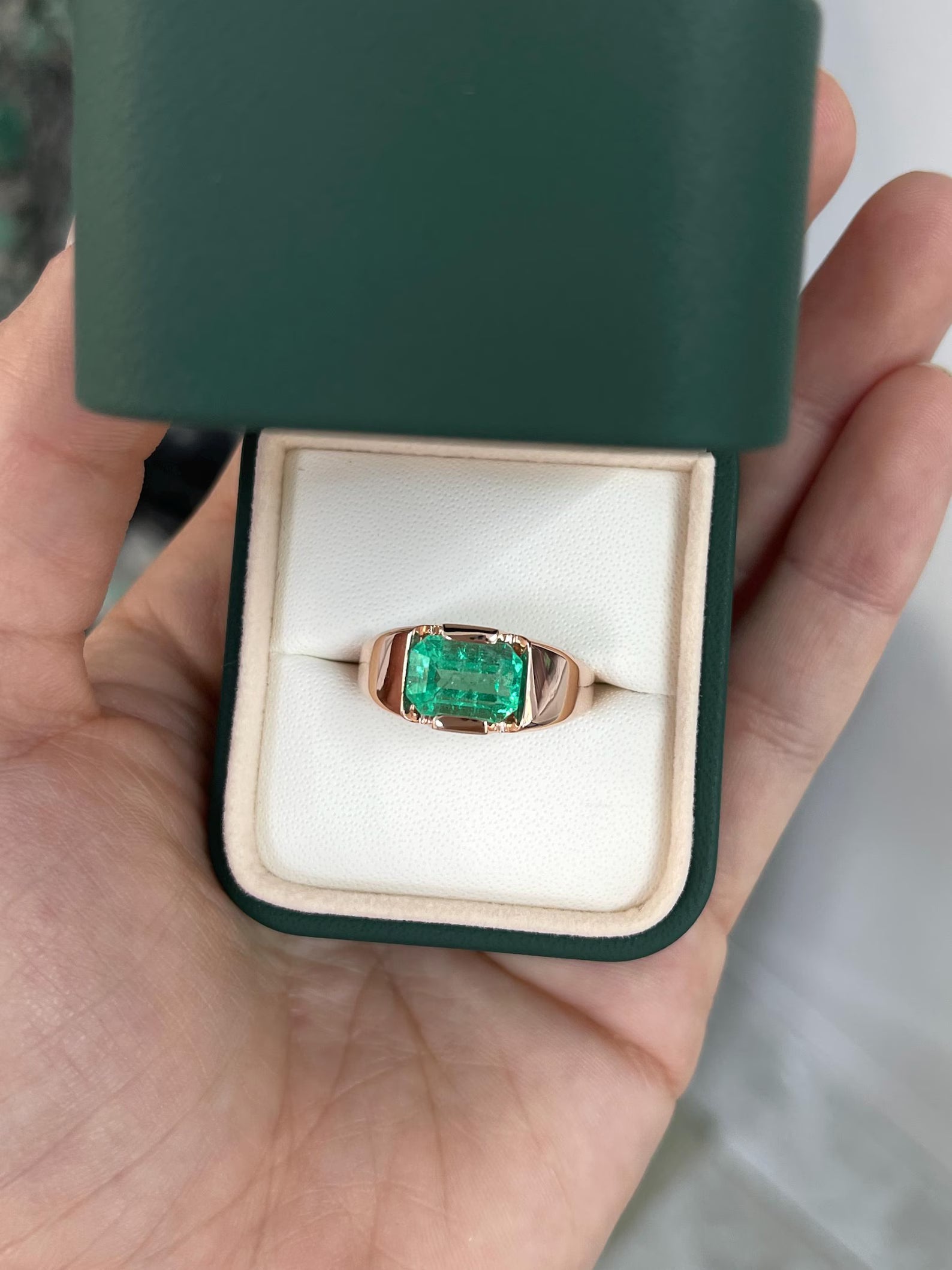 3.52 Carat Emerald Cut Green Colombian Emerald Tension Set Ring 14K