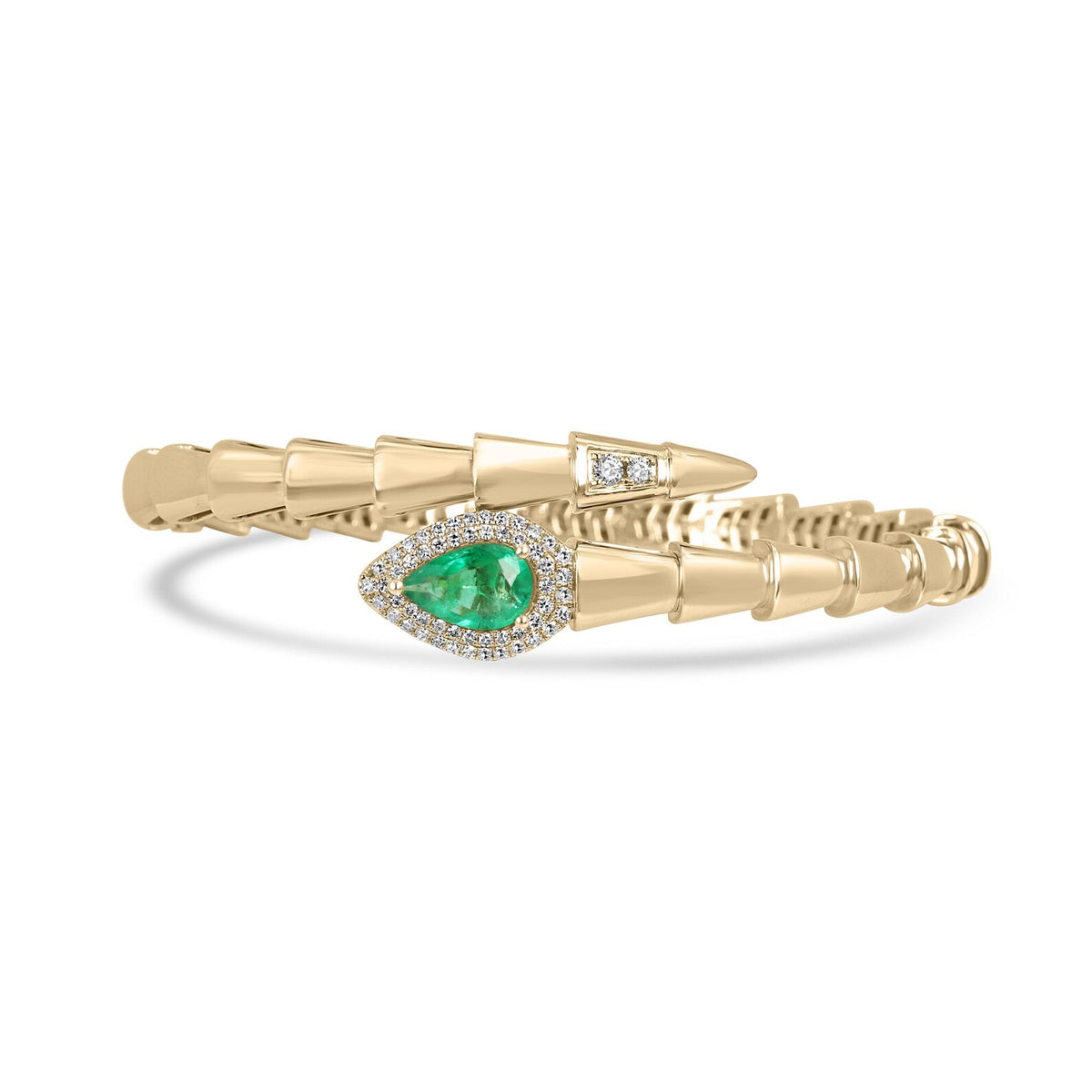1.55tcw 14K Vivid Green Pear Emerald & Diamond Serpent Bangle Bracelet