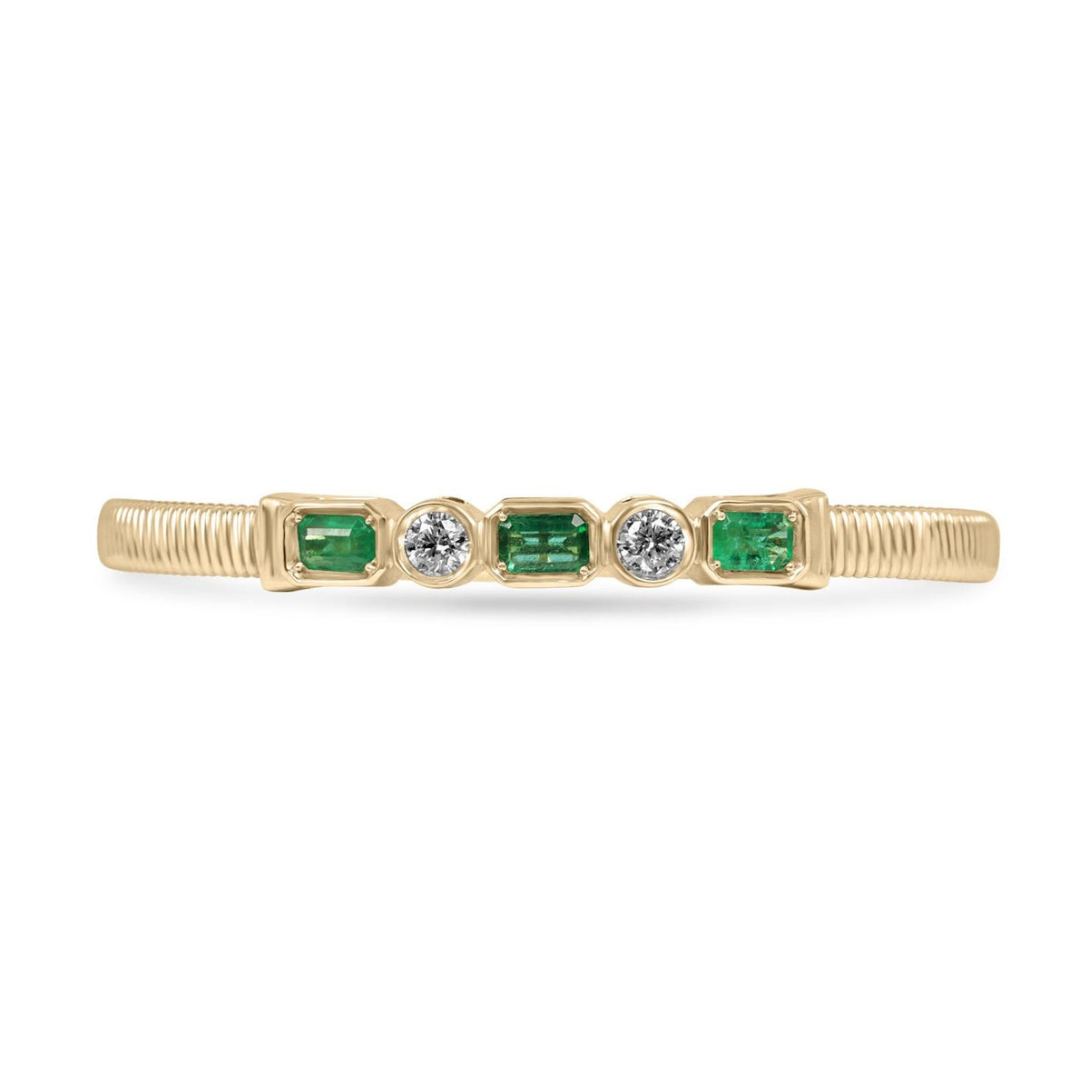 14K natural emerald and round diamond alternating bangle bracelet by JR Colombian Emeralds