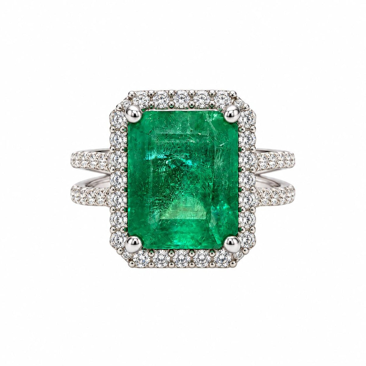 4.37tcw 14K Natural Emerald Cut Emerald & Diamond Halo Split Shank White Gold Engagement Ring