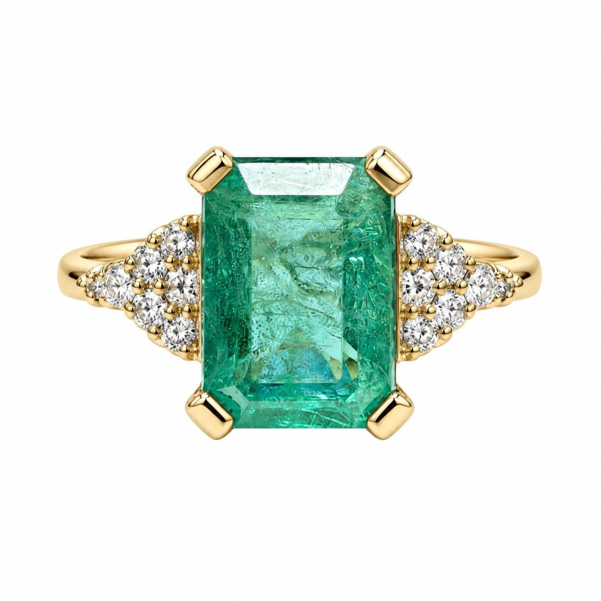 2.95tcw 14K Natural Bluish Undertoned Emerald Cut Emerald & Diamond Accent Seven Stone Ring