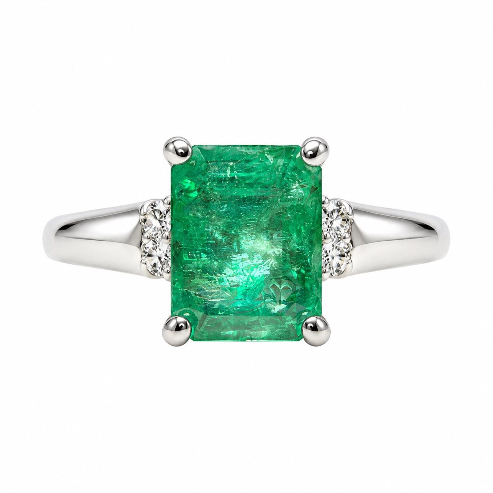 2.39tcw 18K Solitaire Emerald Cut Emerald with Diamond Accents White Gold