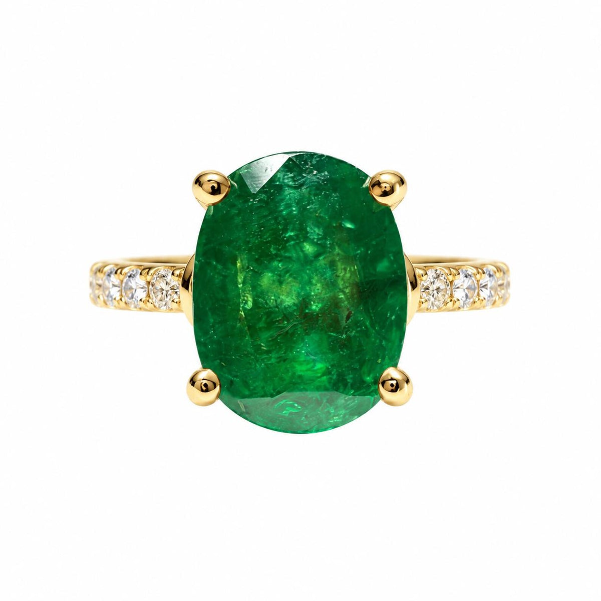 3.34tcw 14K Rich Green Oval Emerald & Hidden Lab Diamond Halo With Diamond Shank Ring