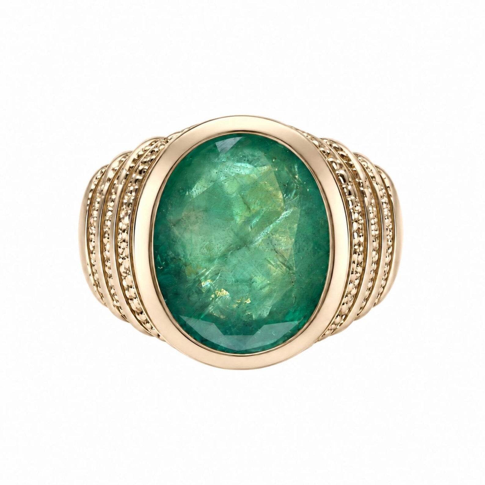 7.25ct 14K Natural Large Oval Cut Emerald Solitaire Bezel Set Gold Ring