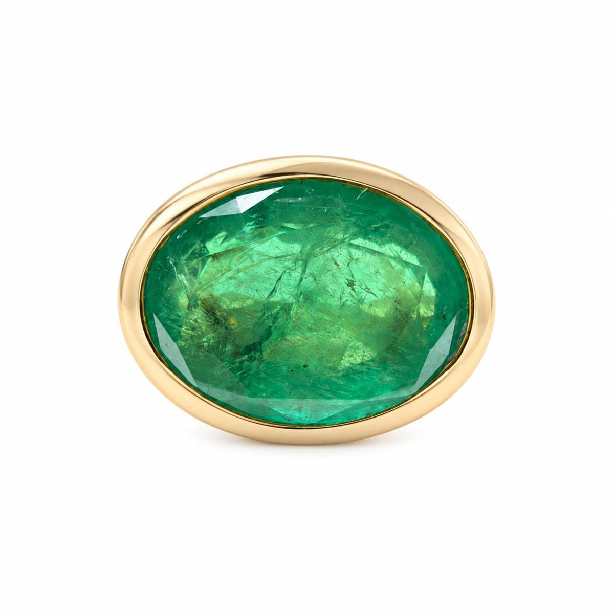 12.61ct 18K East to West Oval Emerald Bezel 5.7mm Wide Band Ring