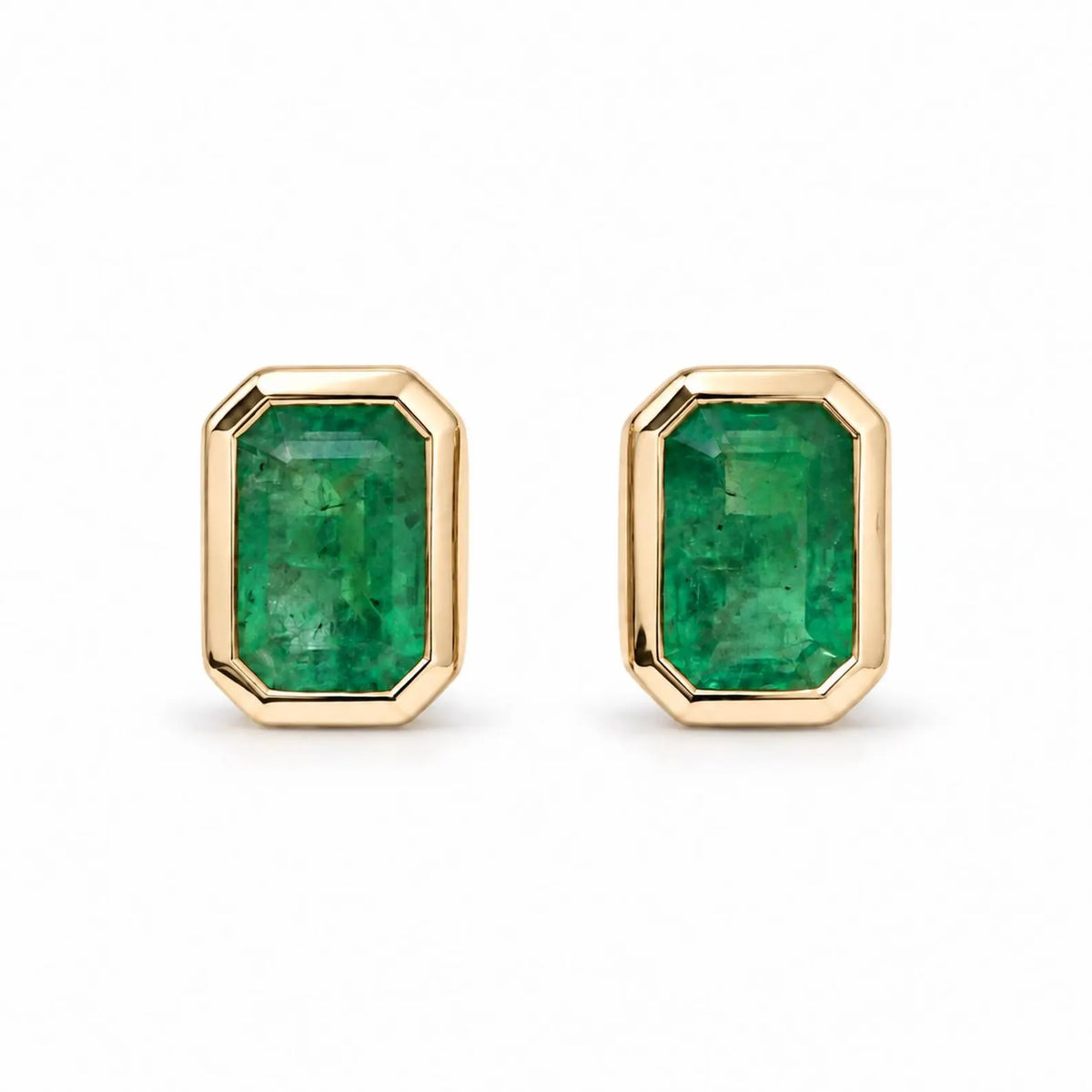 14K natural emerald cut emerald stud earrings with bezel setting, 1.20tcw from JR Colombian Emeralds.