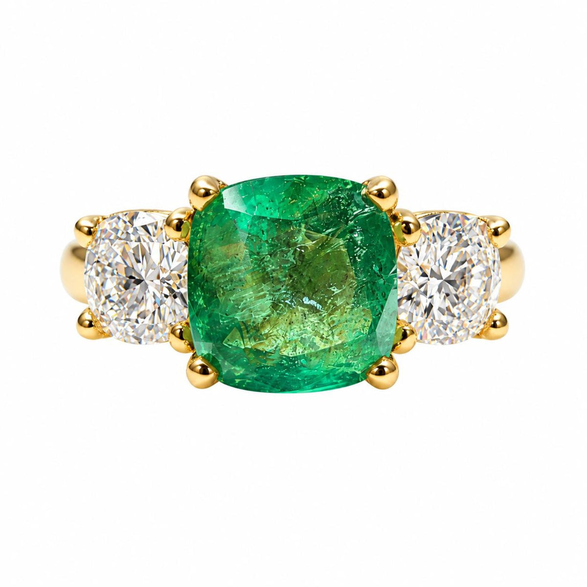 2.55tcw 18K Natural Cushion Cut Emerald & Round Lab Diamond Three Stone Ring