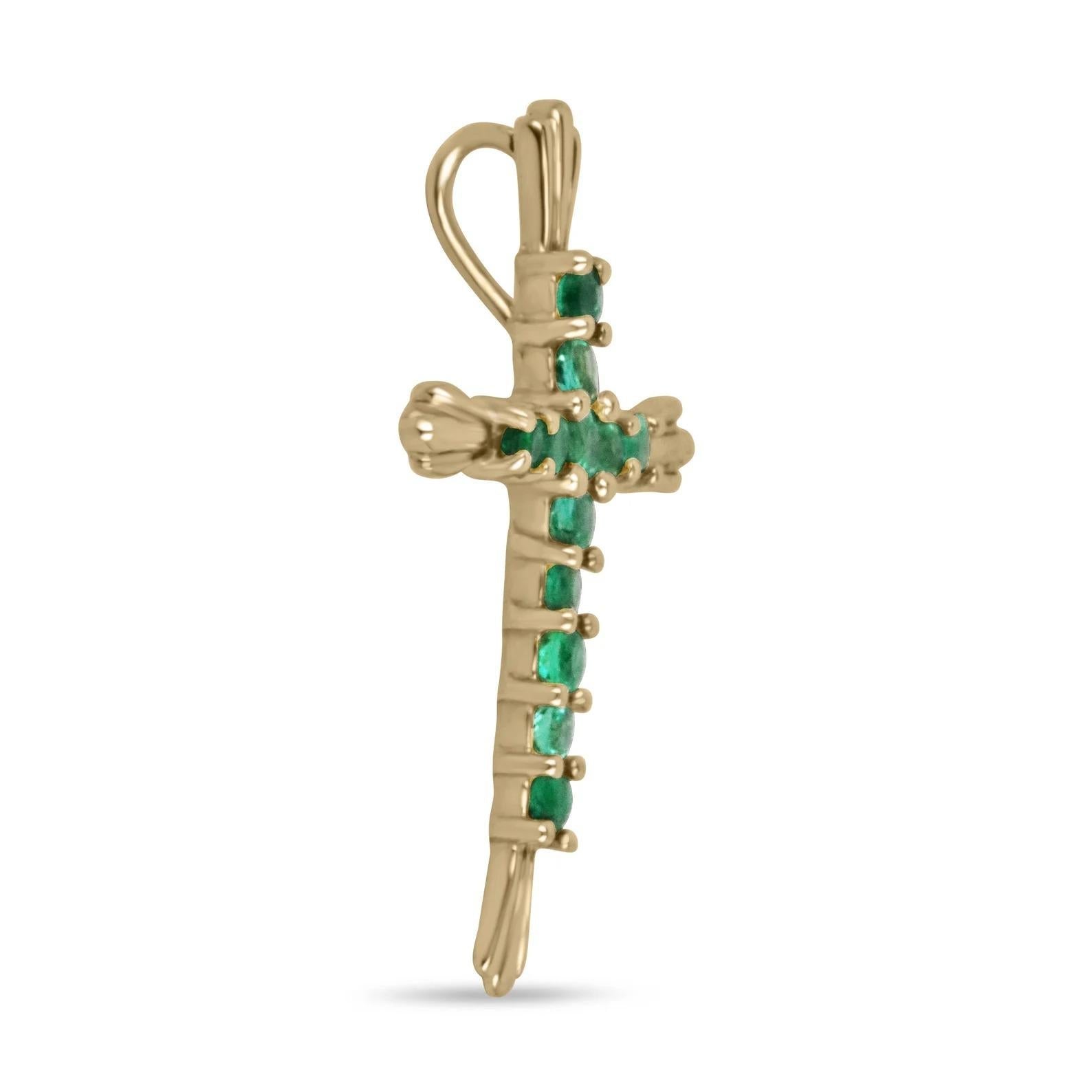 0.95tcw Colombian Emerald Rich Green Round Cut Prong Cross Pendant 18K
