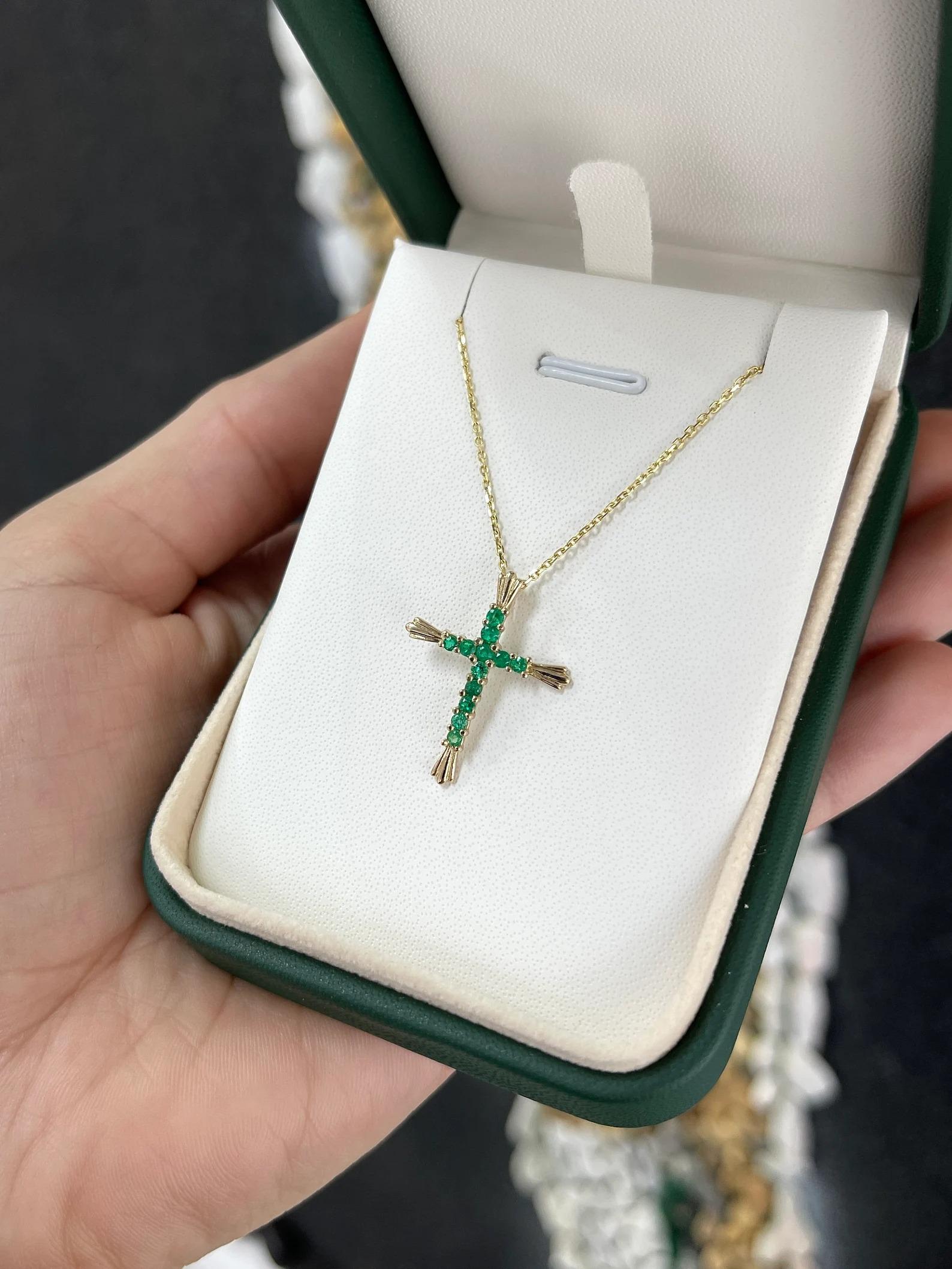 0.95tcw Colombian Emerald Rich Green Round Cut Prong Cross Pendant 18K