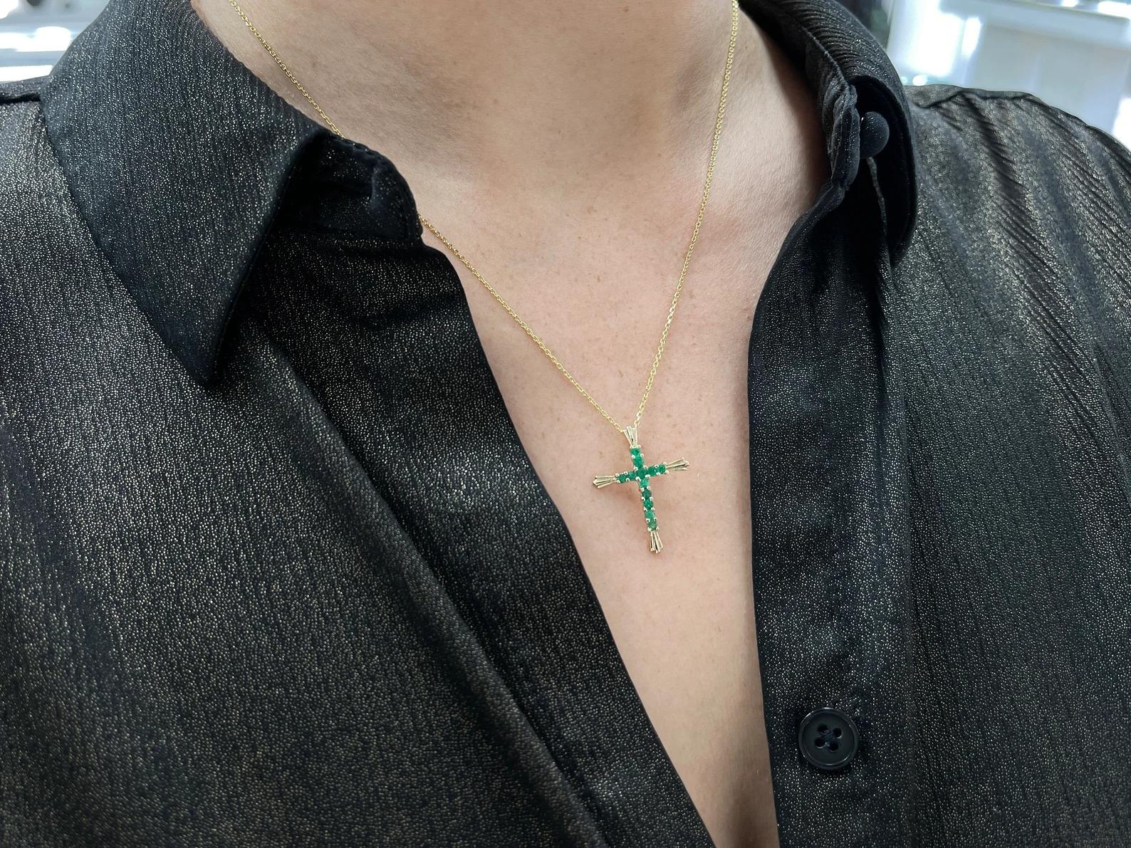 0.95tcw Colombian Emerald Rich Green Round Cut Prong Cross Pendant 18K